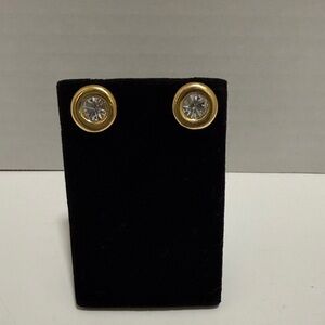Vintage K.J.L. For Avon Button Gold tone and Rhinestone Stud Earrings